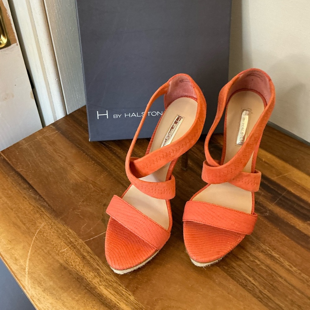 H by Halston Coral-Orange Suede Strappy Heels